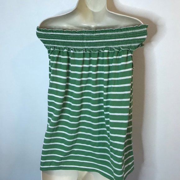 Max Studio SMALL S Green White Striped Off the Shoulder Shirt Blouse Stretch - Picture 5 of 9